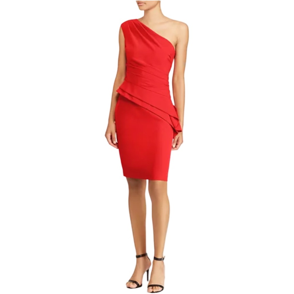 Lauren Ralph Lauren Red One-Shoulder Peplum Dress Wedding Cocktail Party EUC